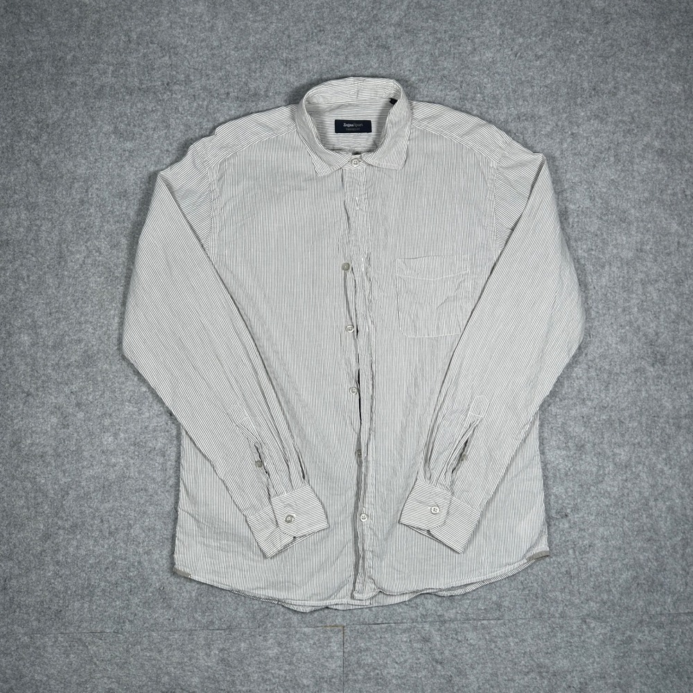 Zegna Sport Shirt Mens XL Grey White Striped Tapered Fit detachable collar‎